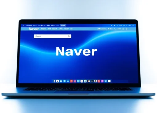 Naver's homepage displayed on a sleek laptop screen highlighting search, news, and app icons, representing Korea's leading online platform.