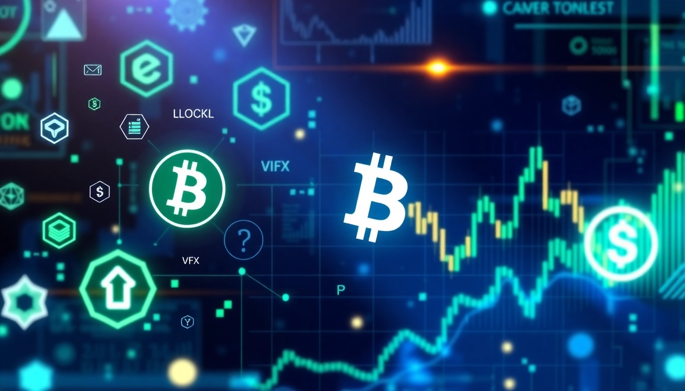 Comprehensive cryptocurrency news visuals showing blockchain data, market charts, and digital assets, emphasizing market analysis and innovation.