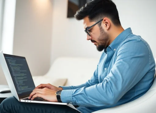 Python freelance developer coding remotely with laptop and modern workspace environment