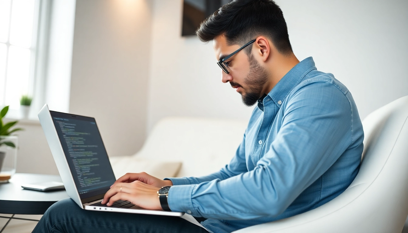 Python freelance developer coding remotely with laptop and modern workspace environment