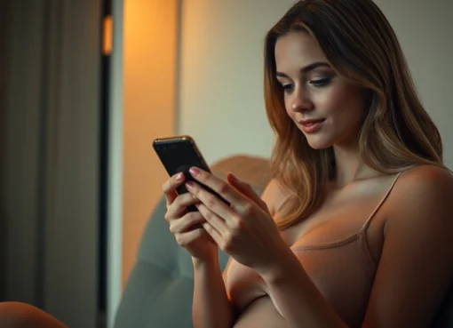 Young woman sending sexy plan cul nudes on mobile device in a private setting for discreet