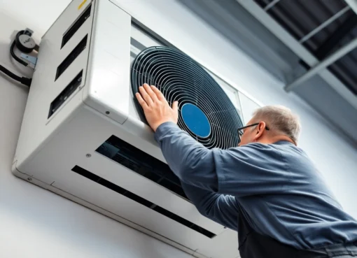 Skilled inspecting and repairing an air conditioning system with professional tools in a
