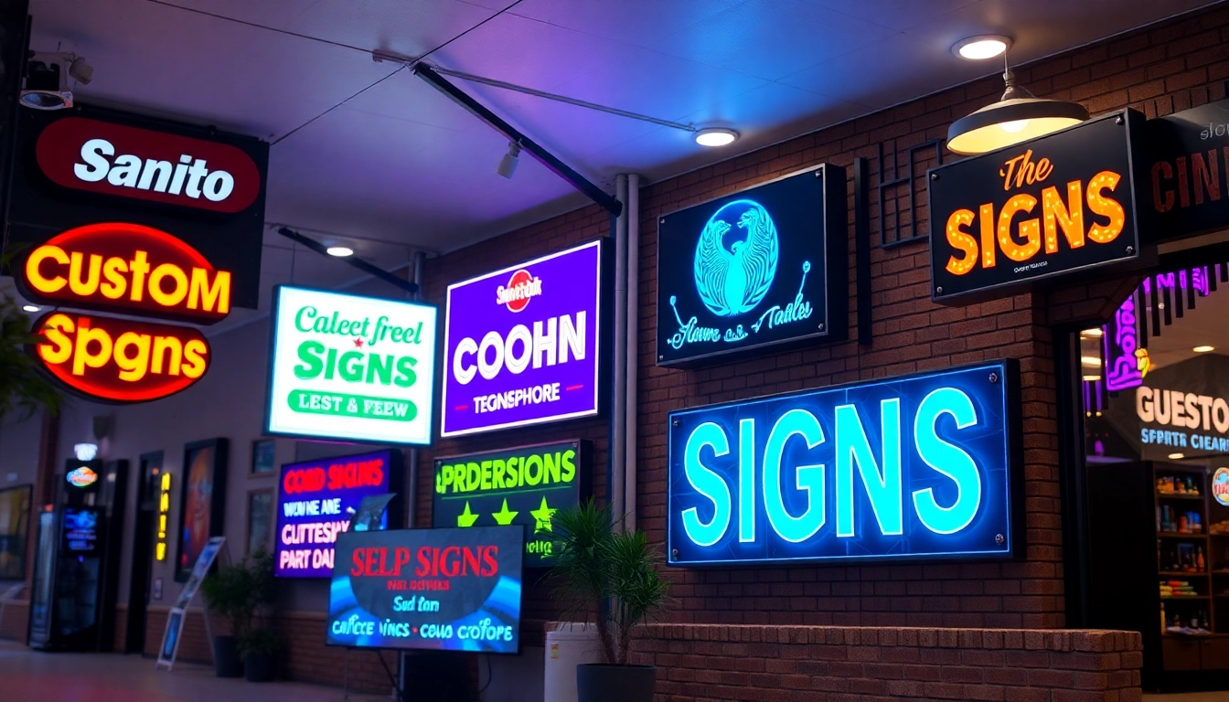 Custom signs in various styles displayed outdoors and indoors to showcase craftsmanship and