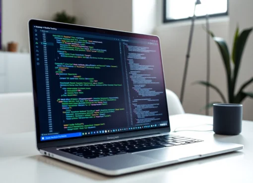 Python freelance programmer coding on laptop in a modern workspace for remote projects