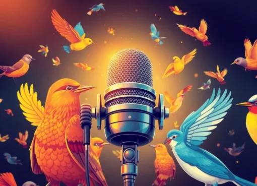 Bird Talk Radio hosts engaging with colorful birds during a lively broadcast in a bright studio