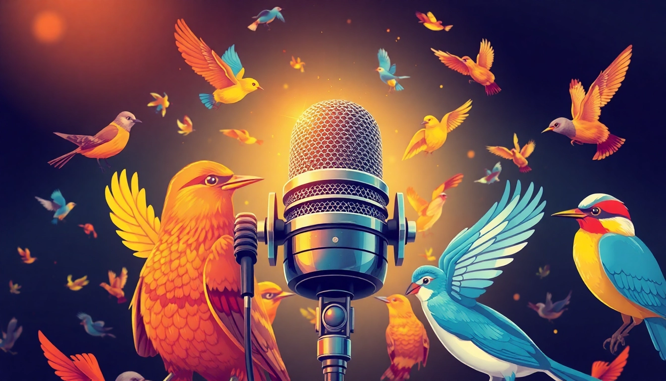 Bird Talk Radio hosts engaging with colorful birds during a lively broadcast in a bright studio