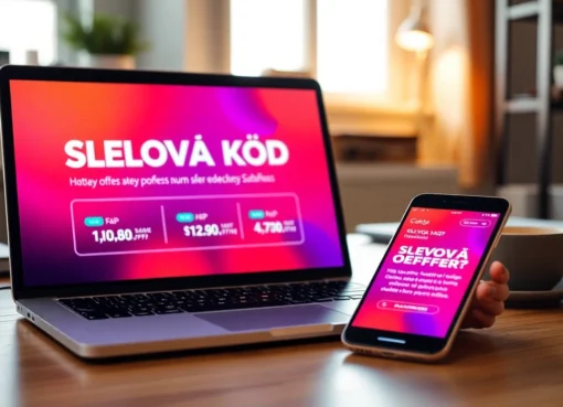 Slevovy kod displayed on screen with discount tags, attracting shoppers to save online