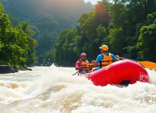 Dandeli River Rafting adventure with a group paddling through thrilling rapids surrounded by