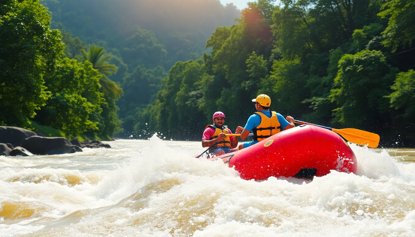 Dandeli River Rafting adventure with a group paddling through thrilling rapids surrounded by