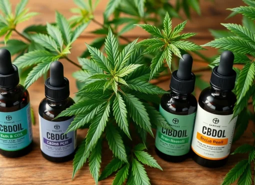 CBD oil bottles and fresh cannabis plant representing natural health and wellness benefits