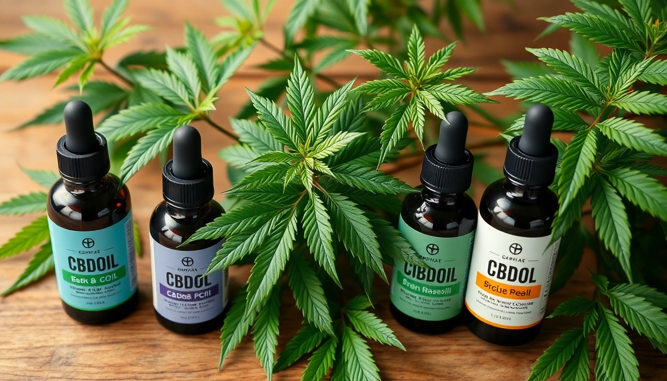 CBD oil bottles and fresh cannabis plant representing natural health and wellness benefits