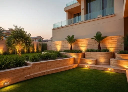 Expert team installing high-quality retaining walls in Dubai for elegant outdoor landscapes