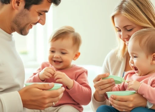 Parents giving alimentazione naturale per svezzamento bambini using silicone dishes in a