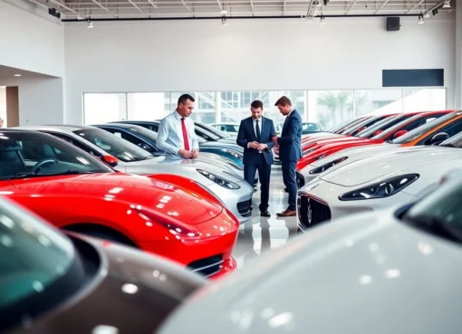 Professional team evaluating compro auto usate vehicles in a modern showroom for quality