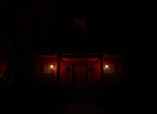 Thoroughly detailed horror video scene with haunted house, shadows, and tense atmosphere for engaging visual impact.