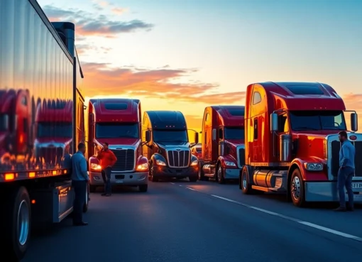 Truckers inspecting their trucks on a busy highway at sunset highlighting industry professionalism