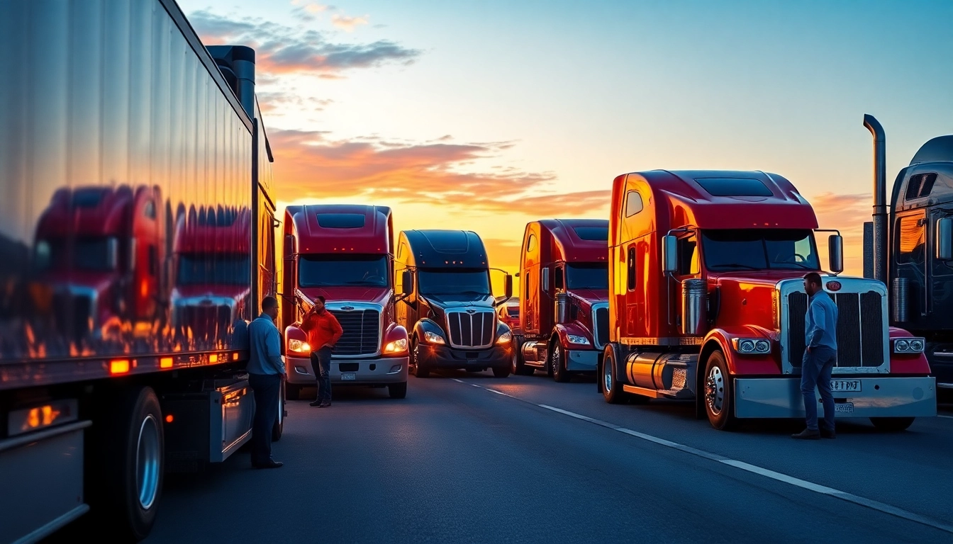 Truckers inspecting their trucks on a busy highway at sunset highlighting industry professionalism