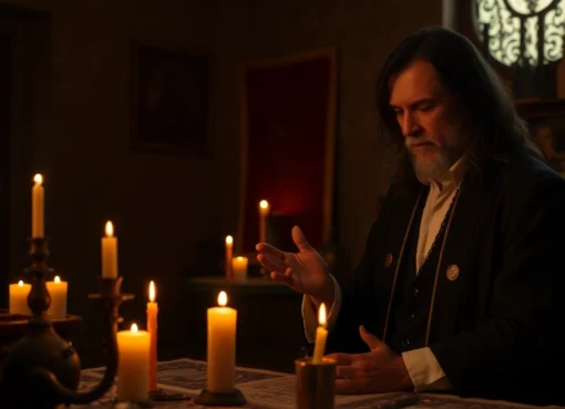 Professional berlin medyum performing spiritual rituals with candles and symbols, instilling