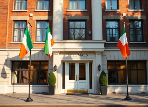 Embassy Of Ireland building with flags and welcoming entrance, representing Irish diplomatic