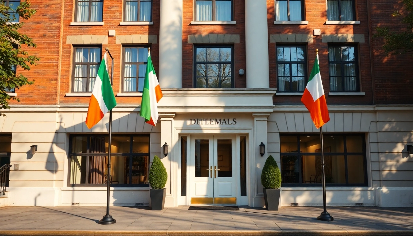 Embassy Of Ireland building with flags and welcoming entrance, representing Irish diplomatic