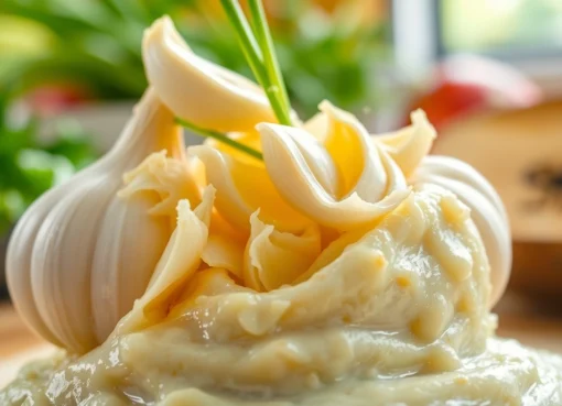 High-quality garlic paste being prepared with fresh garlic cloves, showcasing premium