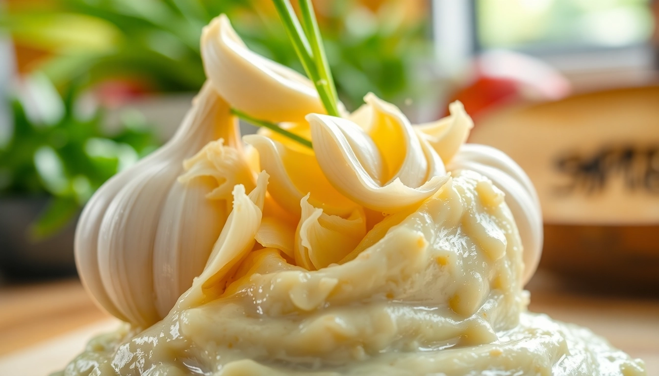 High-quality garlic paste being prepared with fresh garlic cloves, showcasing premium