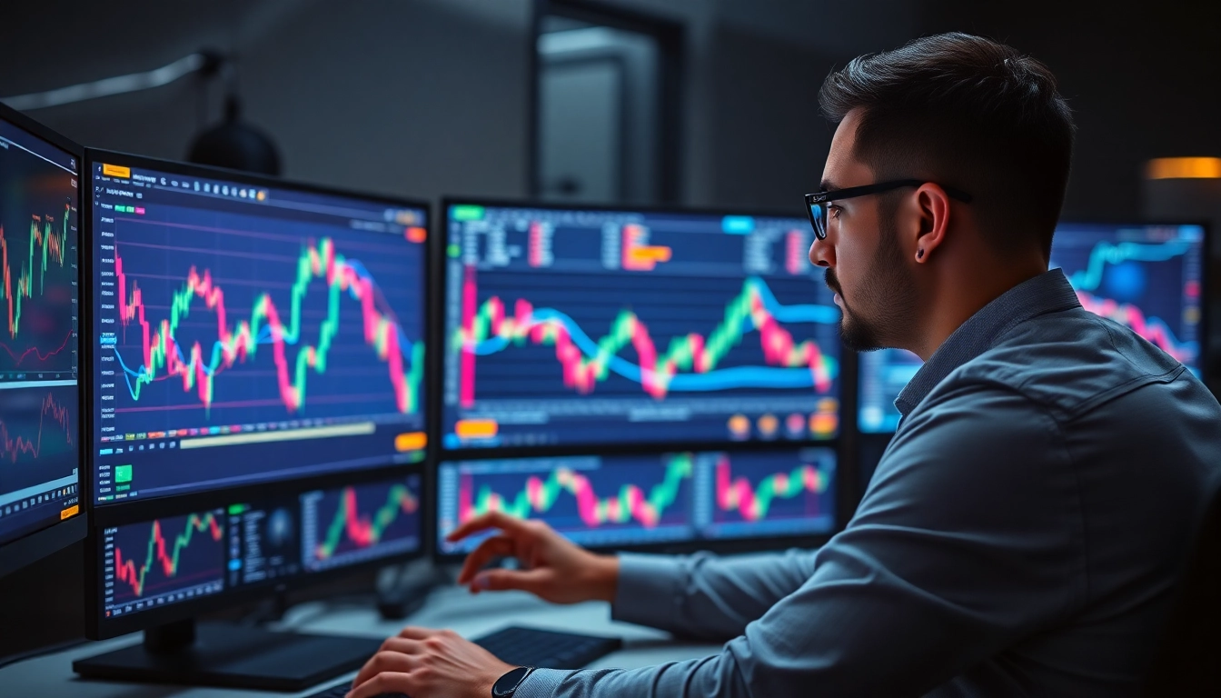 Trading view platform displaying real-time market charts with detailed technical analysis for