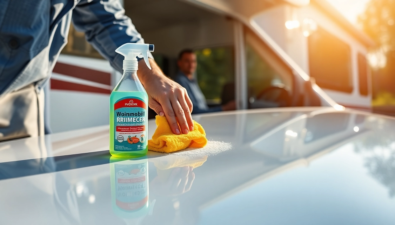 Effective Wohnmobilreiniger being used to clean a shiny motorhome with foam and spray,