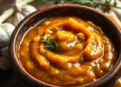 Premium garlic paste in a bowl with fresh garlic and herbs, highlighting quality and freshness