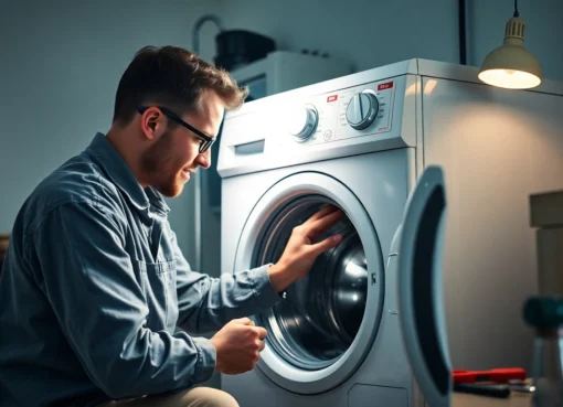Professional Waschmaschinen Reparatur Berlin technician fixing a washing machine at home, fast