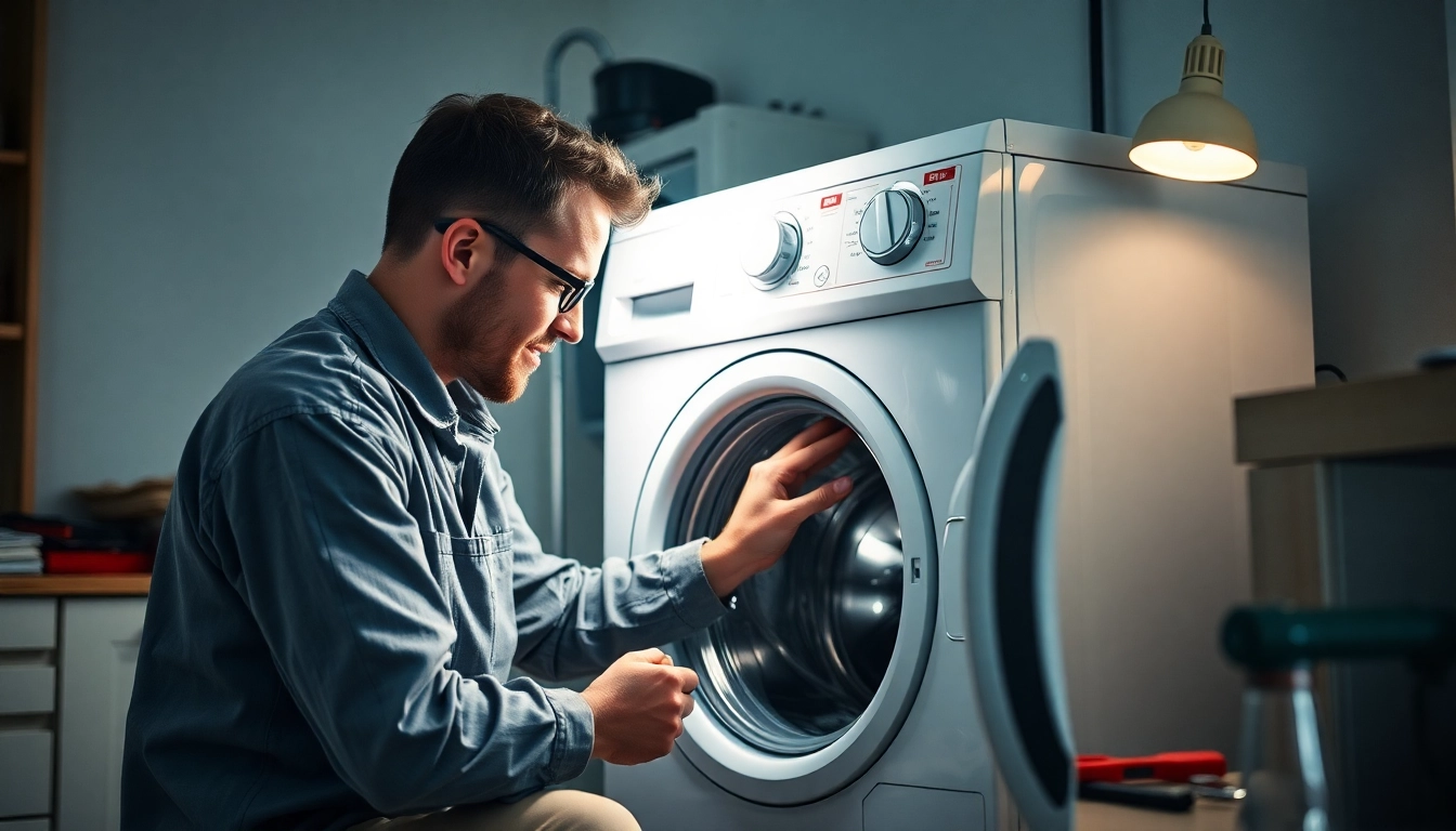 Professional Waschmaschinen Reparatur Berlin technician fixing a washing machine at home, fast